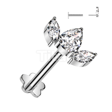 Implant Grade Titanium Threadless Push In Flower Base Labret With Pear CZ Between 2 Marquise CZ Top - Image 3