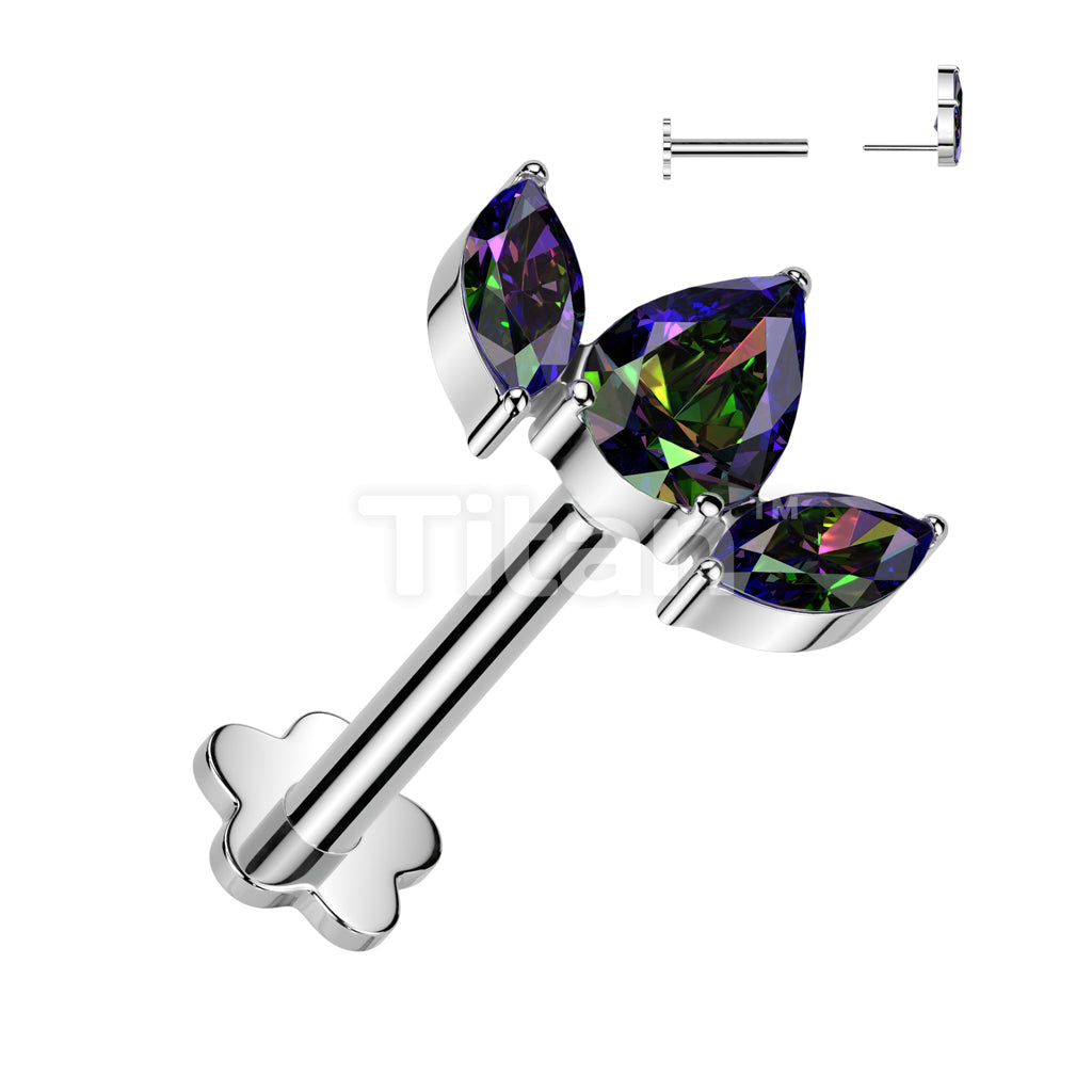 Implant Grade Titanium Threadless Push In Flower Base Labret With Pear CZ Between 2 Marquise CZ Top - Image 4