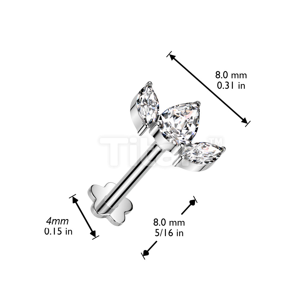 Implant Grade Titanium Threadless Push In Flower Base Labret With Pear CZ Between 2 Marquise CZ Top - Image 5