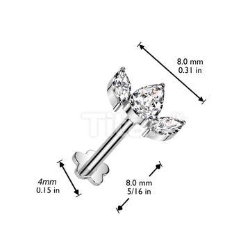 Implant Grade Titanium Threadless Push In Flower Base Labret With Pear CZ Between 2 Marquise CZ Top - Image 5