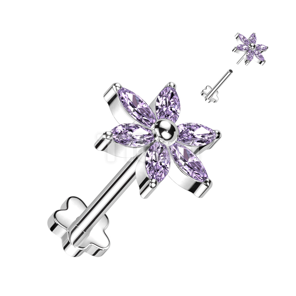 Implant Grade Titanium Threadless Push In Flower Base Labret With 6 Marquise CZ Petals Flower Top - Image 2