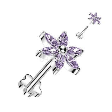 Implant Grade Titanium Threadless Push In Flower Base Labret With 6 Marquise CZ Petals Flower Top - Image 2