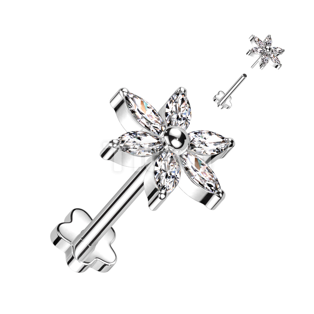 Implant Grade Titanium Threadless Push In Flower Base Labret With 6 Marquise CZ Petals Flower Top - Image 3