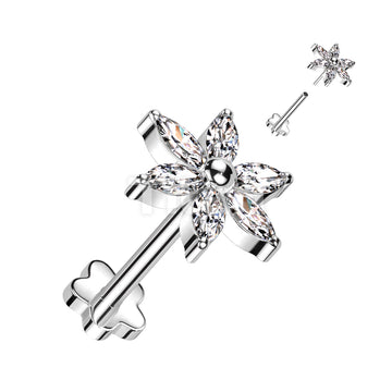 Implant Grade Titanium Threadless Push In Flower Base Labret With 6 Marquise CZ Petals Flower Top - Image 3