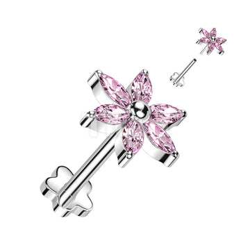 Implant Grade Titanium Threadless Push In Flower Base Labret With 6 Marquise CZ Petals Flower Top - Image 5