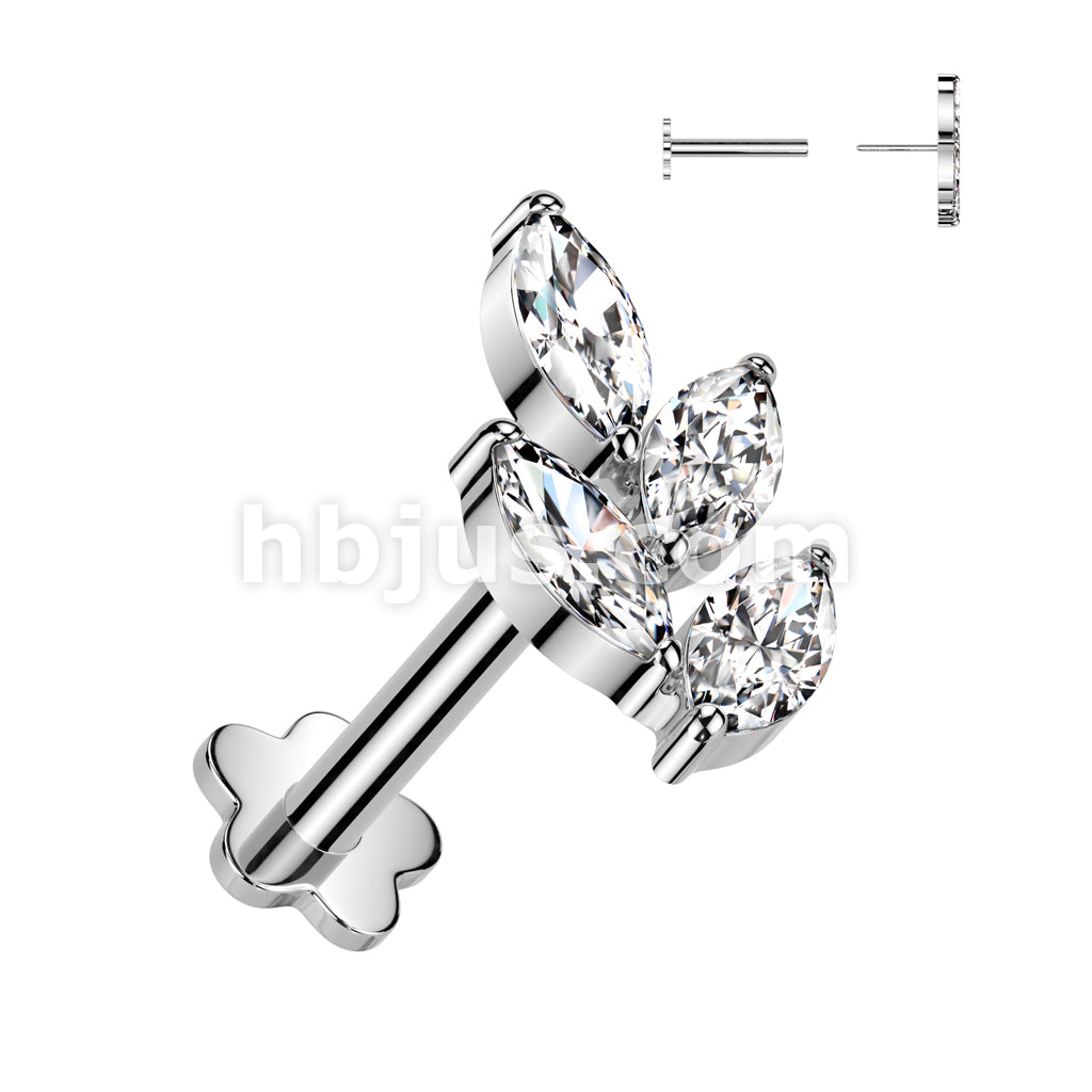Implant Grade Titanium Threadless Push In Flower Base Labret With Marquise CZ Leaf Top - Image 2