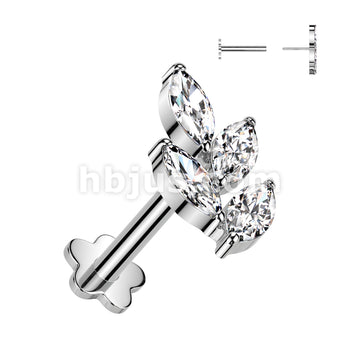 Implant Grade Titanium Threadless Push In Flower Base Labret With Marquise CZ Leaf Top - Image 2