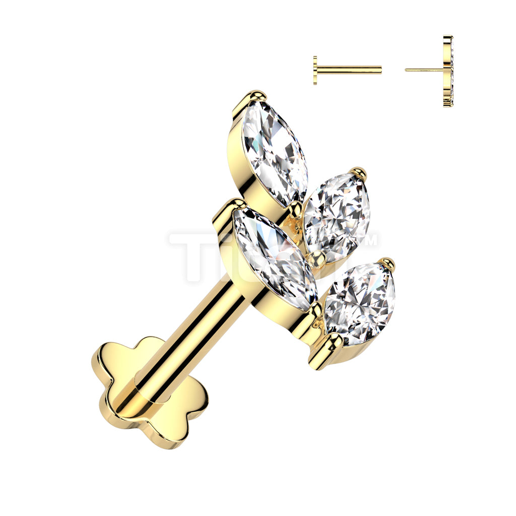 Implant Grade Titanium Threadless Push In Flower Base Labret With Marquise CZ Leaf Top - Image 3