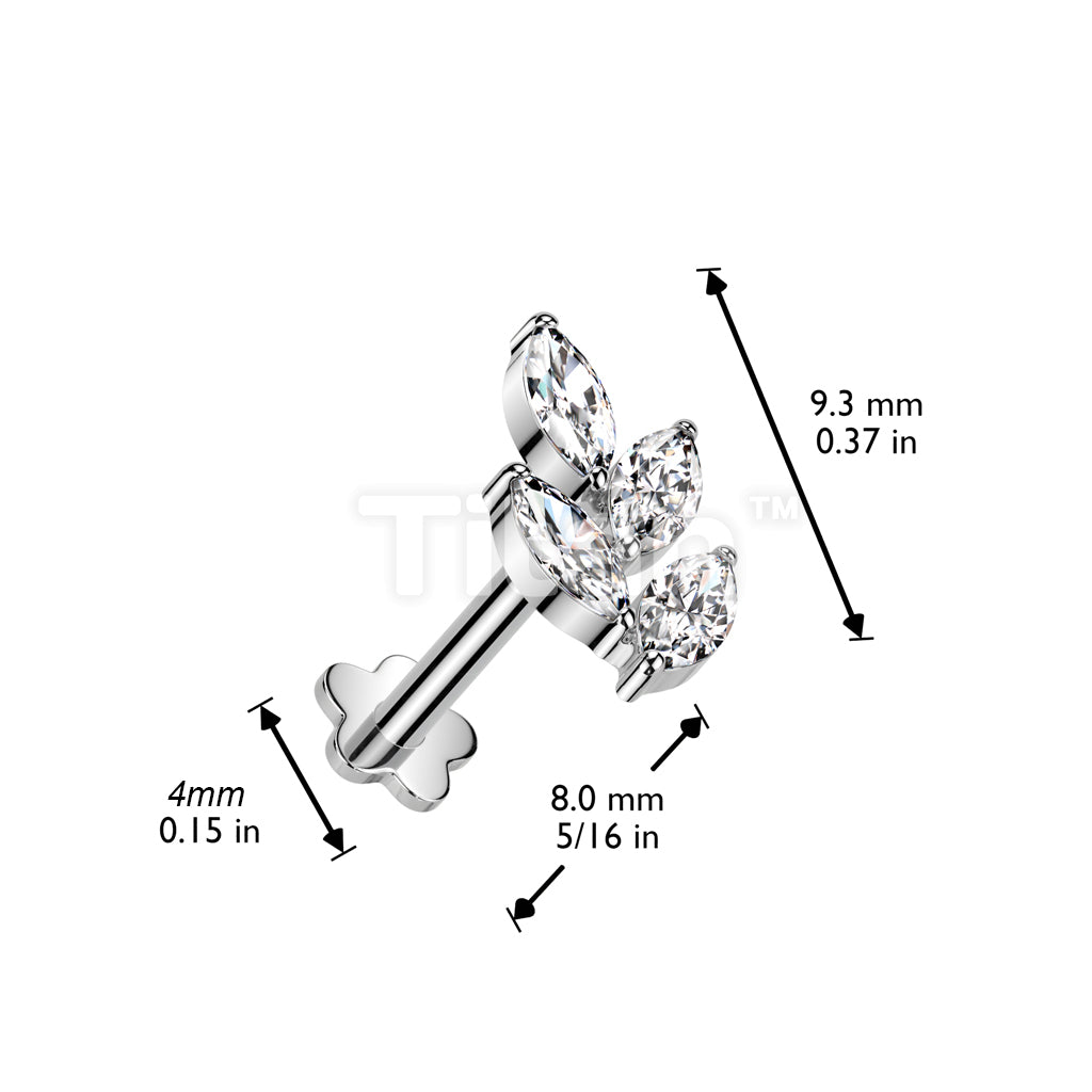 Implant Grade Titanium Threadless Push In Flower Base Labret With Marquise CZ Leaf Top - Image 4
