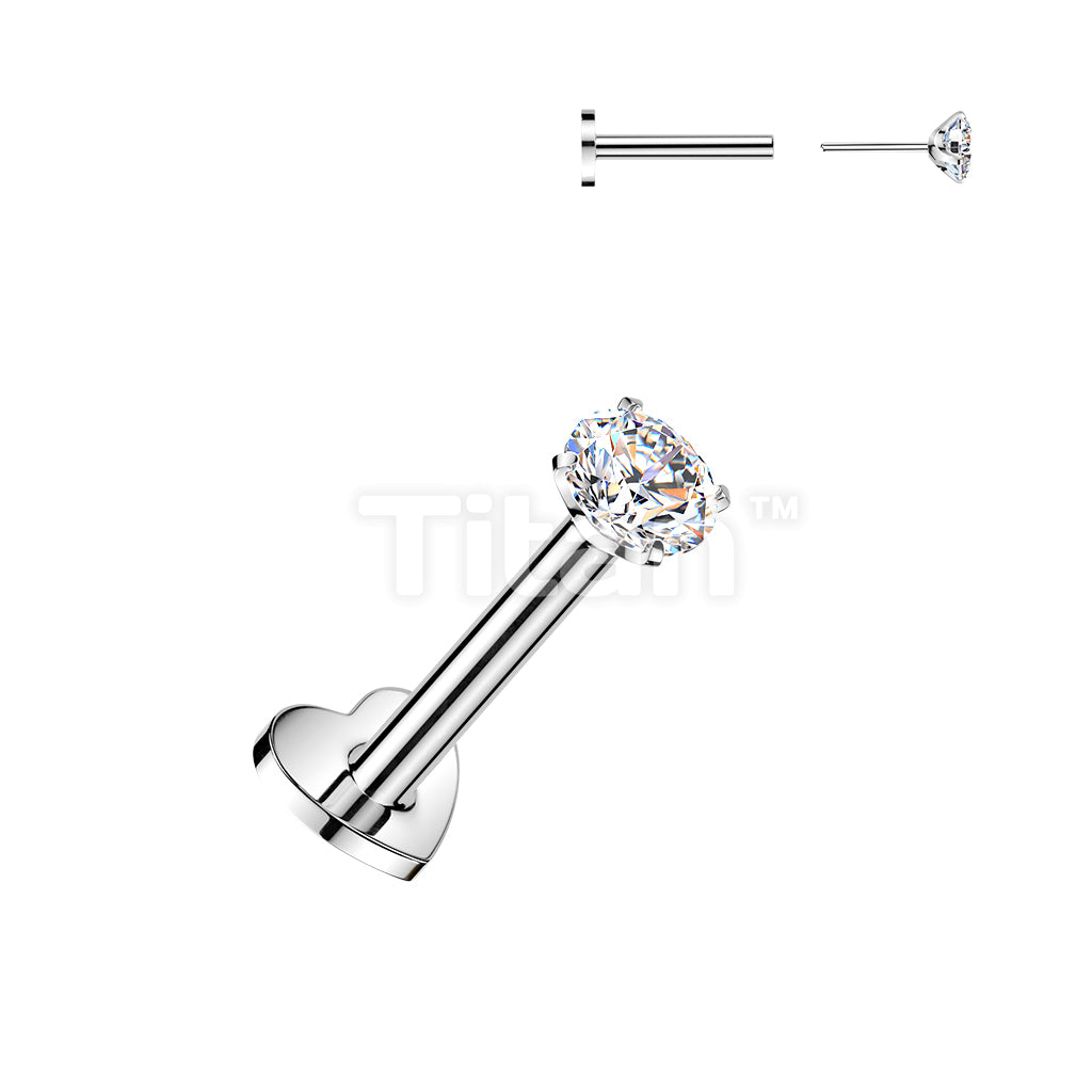 Titanium Threadless Push In Heart Base Flat Back Stud With Prong Set CZ Top - Image 2