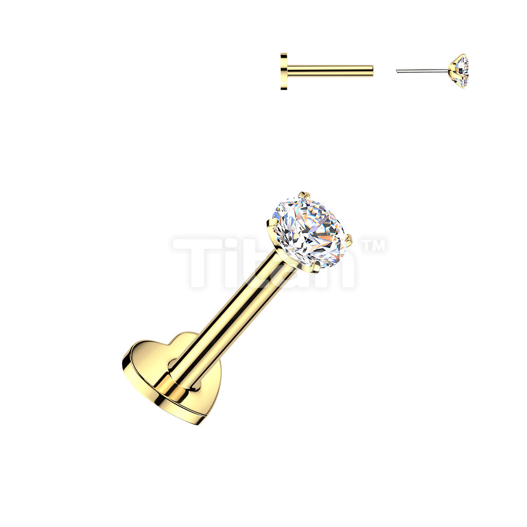 Titanium Threadless Push In Heart Base Flat Back Stud With Prong Set CZ Top - Image 3