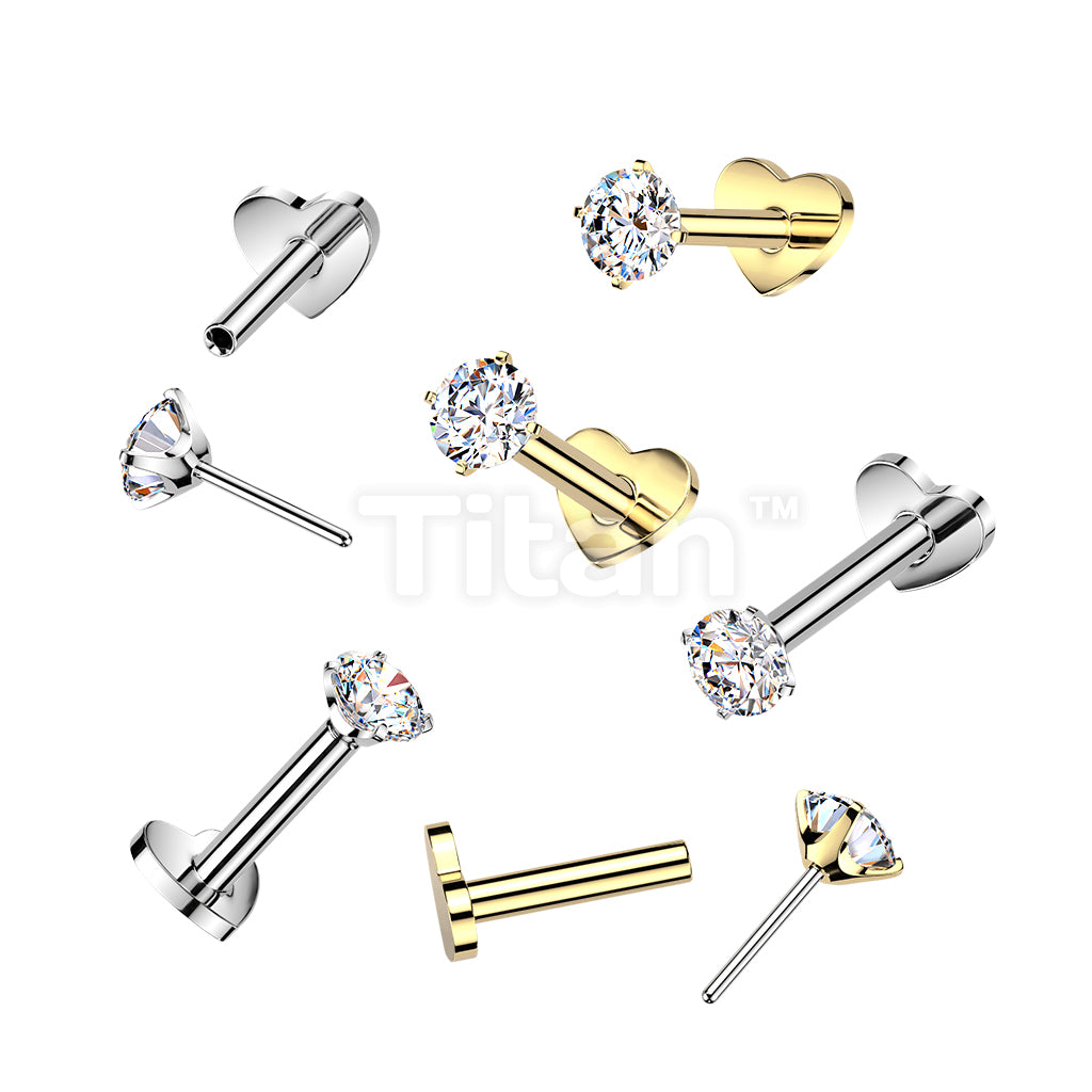 Titanium Threadless Push In Heart Base Flat Back Stud With Prong Set CZ Top