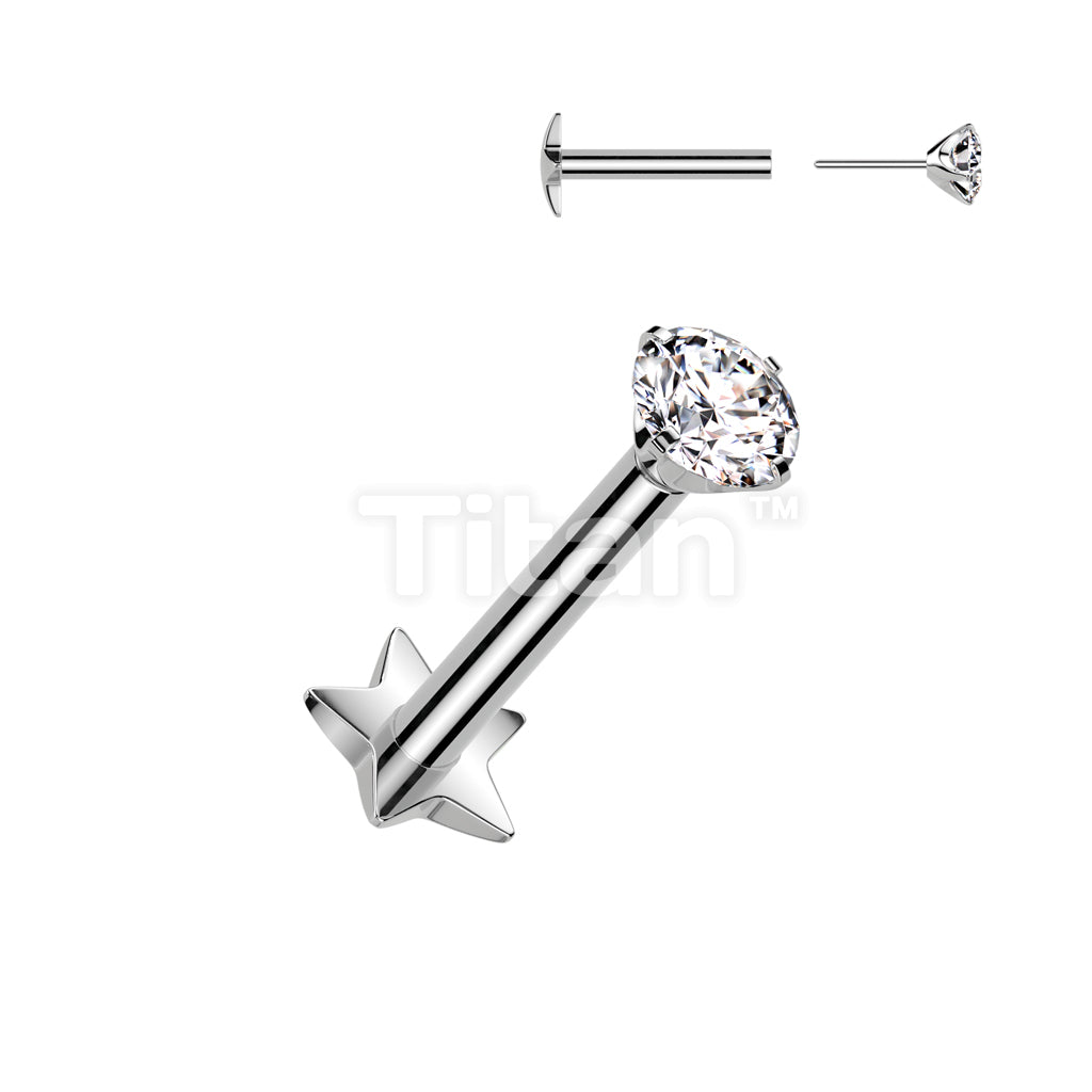Implant Grade Titanium Threadless Push In Star Base Labret With Prong Set CZ Top - Image 2
