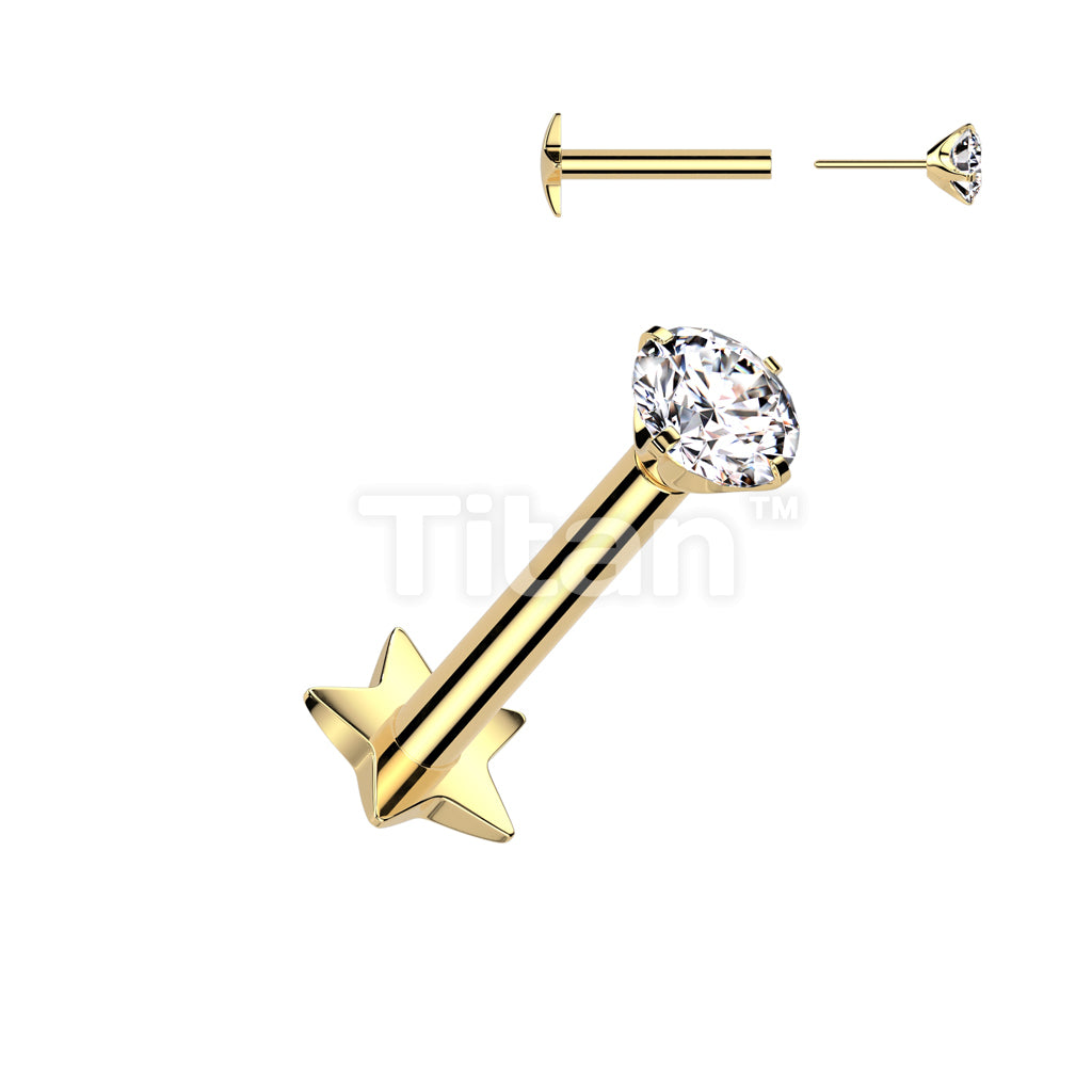 Implant Grade Titanium Threadless Push In Star Base Labret With Prong Set CZ Top - Image 3