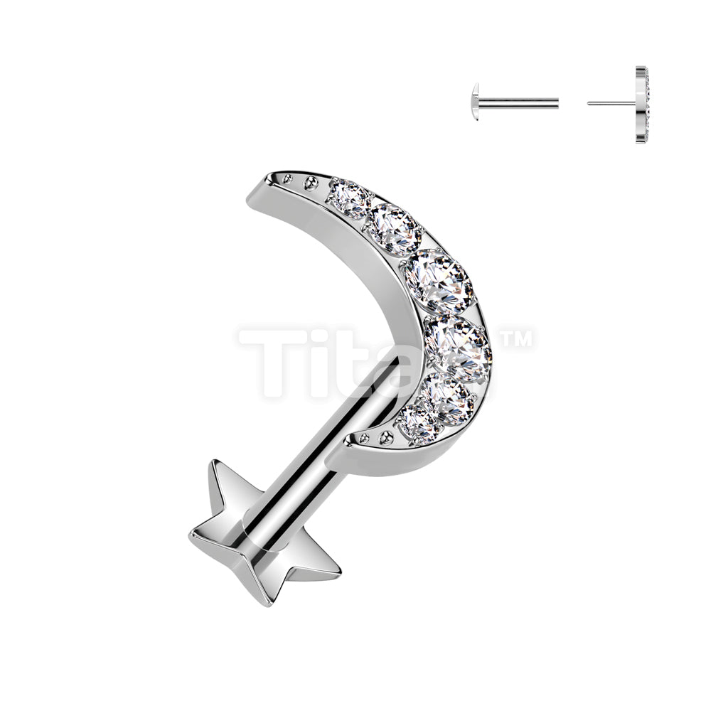 Implant Grade Titanium Threadless Push In Star Base Labret With 6 CNC Set CZ Crescent Moon Top - Image 2