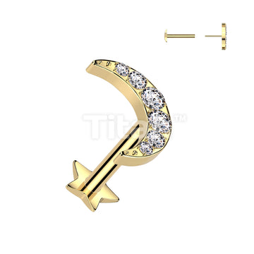 Implant Grade Titanium Threadless Push In Star Base Labret With 6 CNC Set CZ Crescent Moon Top - Image 3