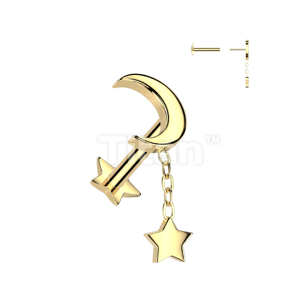 Implant Grade Titanium Threadless Push In Star Base Labret With Crescent Moon Top and Star Dangle - Image 2