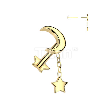 Implant Grade Titanium Threadless Push In Star Base Labret With Crescent Moon Top and Star Dangle - Image 2