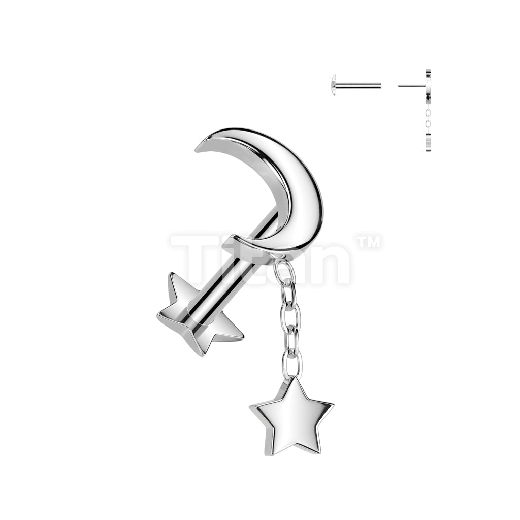 Implant Grade Titanium Threadless Push In Star Base Labret With Crescent Moon Top and Star Dangle - Image 3