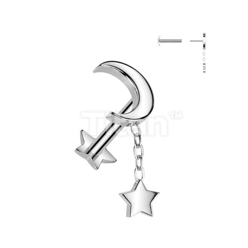 Implant Grade Titanium Threadless Push In Star Base Labret With Crescent Moon Top and Star Dangle - Image 3