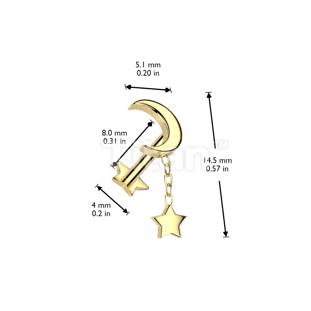 Implant Grade Titanium Threadless Push In Star Base Labret With Crescent Moon Top and Star Dangle - Image 4