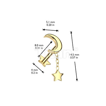 Implant Grade Titanium Threadless Push In Star Base Labret With Crescent Moon Top and Star Dangle - Image 4