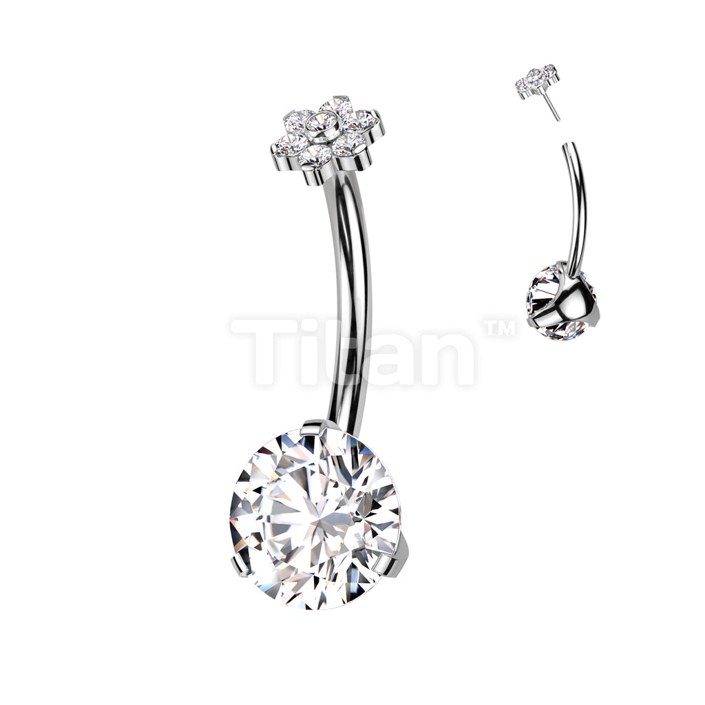 Implant Grade Titanium Threadless Push In Prong Set Bottom With Flower CZ Top Belly Button Ring - Image 2