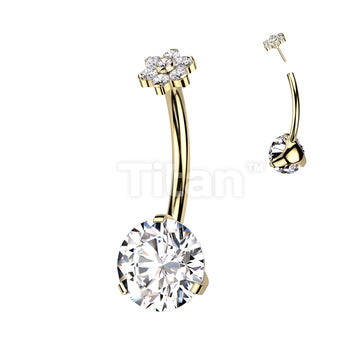 Implant Grade Titanium Threadless Push In Prong Set Bottom With Flower CZ Top Belly Button Ring - Image 3