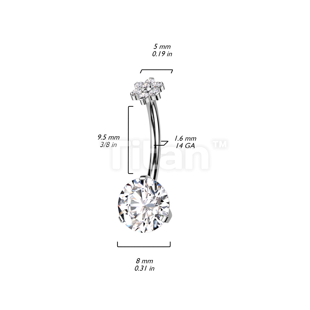 Implant Grade Titanium Threadless Push In Prong Set Bottom With Flower CZ Top Belly Button Ring - Image 4