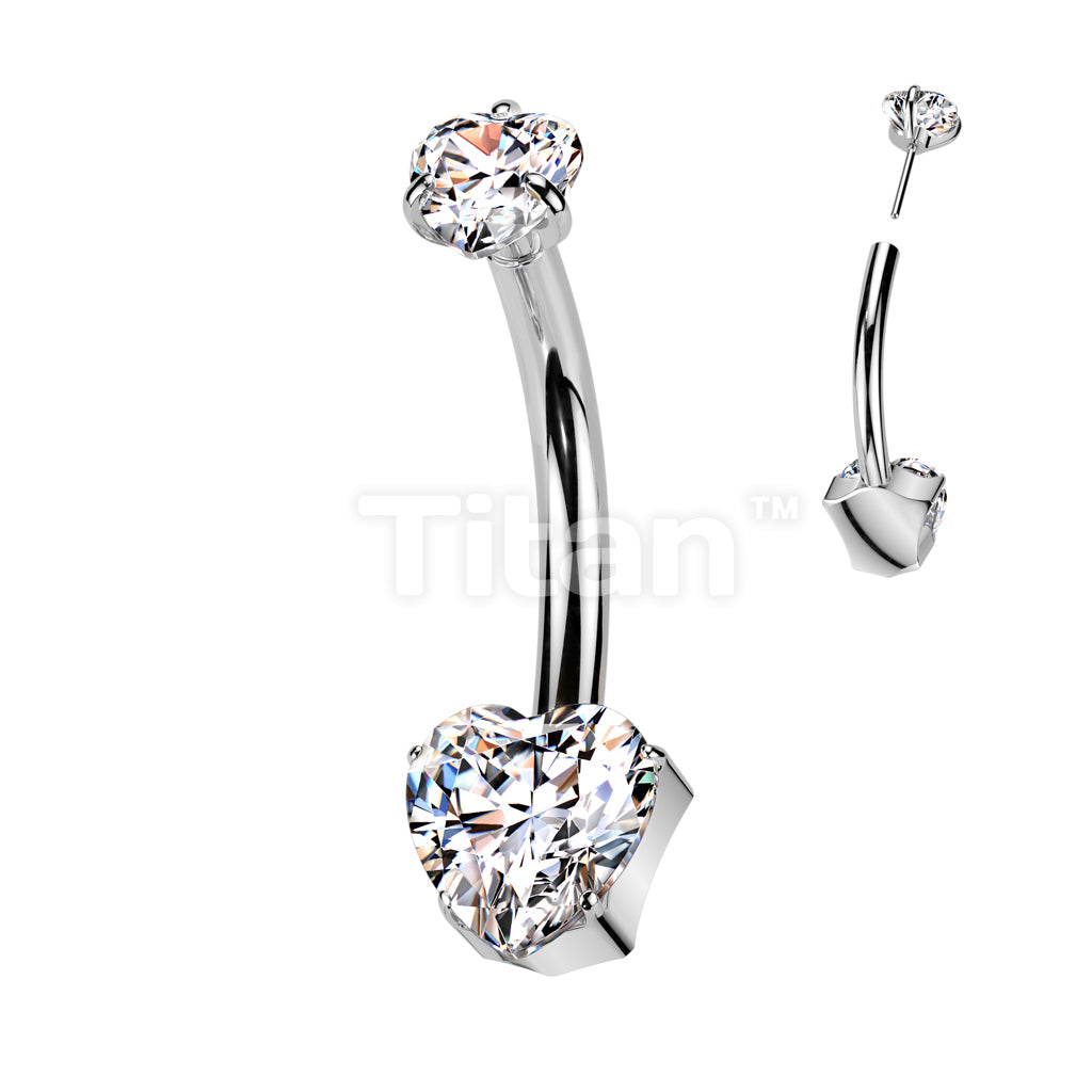 Implant Grade Titanium Threadless Push In Heart CZ Prong Set Belly Button Ring With Prong Set Heart CZ Top - Image 2