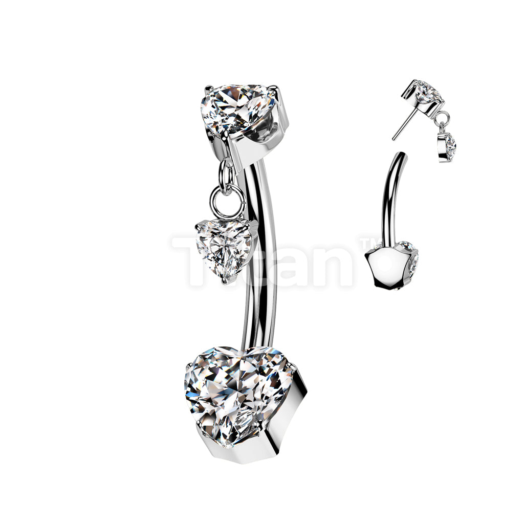 Implant Grade Titanium Threadless Push In Heart CZ Prong Set Belly Button Ring With Prong Set Heart CZ Top And Heart CZ Dangle - Image 2