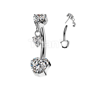 Implant Grade Titanium Threadless Push In Heart CZ Prong Set Belly Button Ring With Prong Set Heart CZ Top And Heart CZ Dangle - Image 2