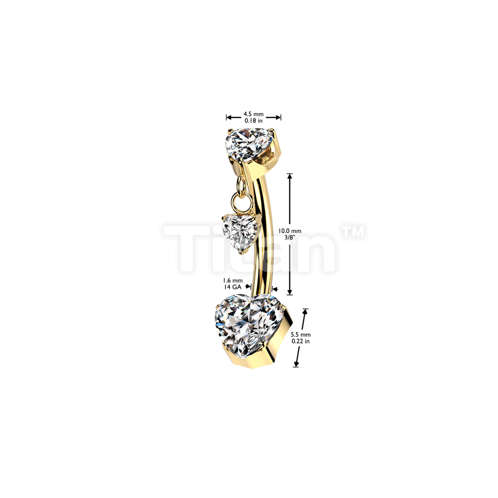Implant Grade Titanium Threadless Push In Heart CZ Prong Set Belly Button Ring With Prong Set Heart CZ Top And Heart CZ Dangle - Image 4