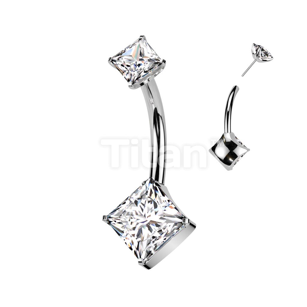 Implant Grade Titanium Threadless Push In Diamond Cut CZ Prong Set Bottom Belly Button Ring With Square CNC Cut Round Back Prong Set CZ Top - Image 2