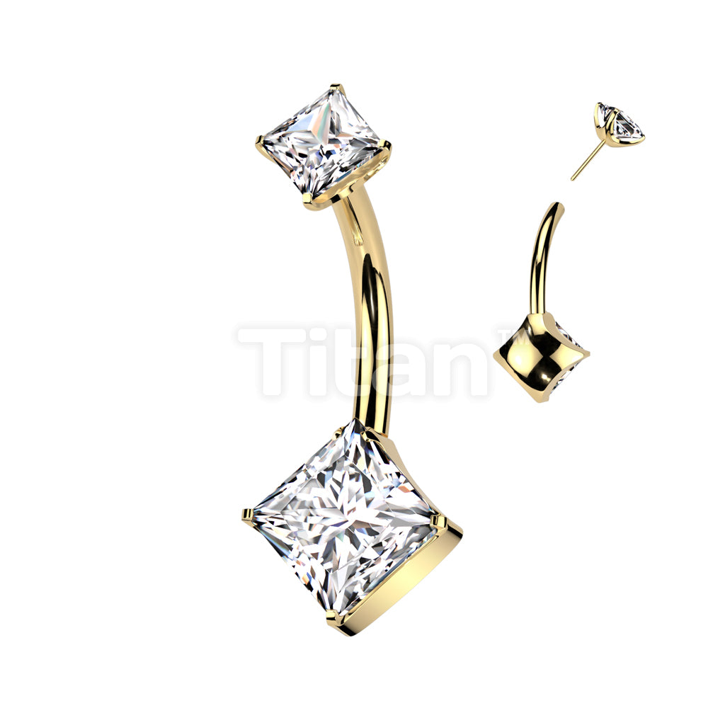 Implant Grade Titanium Threadless Push In Diamond Cut CZ Prong Set Bottom Belly Button Ring With Square CNC Cut Round Back Prong Set CZ Top - Image 3