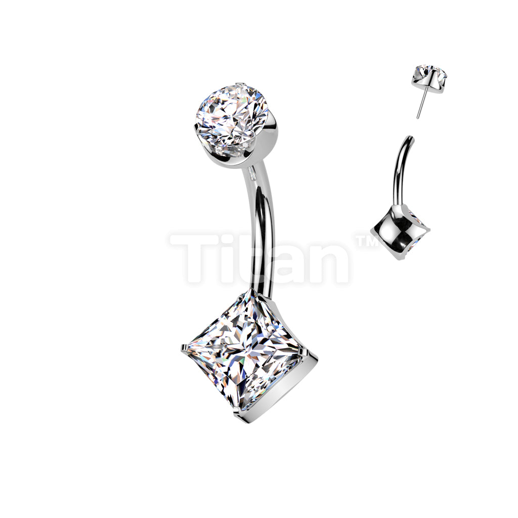 Implant Grade Titanium Threadless Push In Diamond Cut CZ Prong Set Bottom Belly Button Ring With Flat Back Prong Set Round CZ Top - Image 2