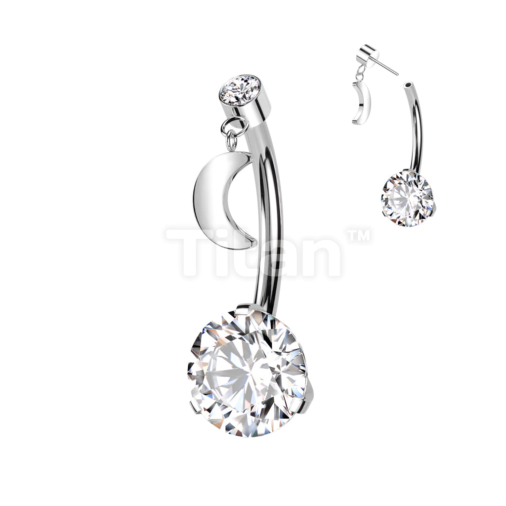 Implant Grade Titanium Threadless Push In Prong Set Bottom With Round Bezel Set CZ and Crescent Moon Dangle Top Belly Button Ring - Image 2