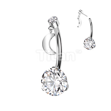 Implant Grade Titanium Threadless Push In Prong Set Bottom With Round Bezel Set CZ and Crescent Moon Dangle Top Belly Button Ring - Image 2