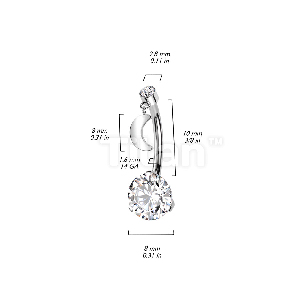 Implant Grade Titanium Threadless Push In Prong Set Bottom With Round Bezel Set CZ and Crescent Moon Dangle Top Belly Button Ring - Image 4