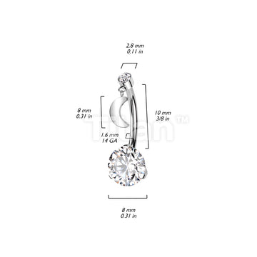 Implant Grade Titanium Threadless Push In Prong Set Bottom With Round Bezel Set CZ and Crescent Moon Dangle Top Belly Button Ring - Image 4