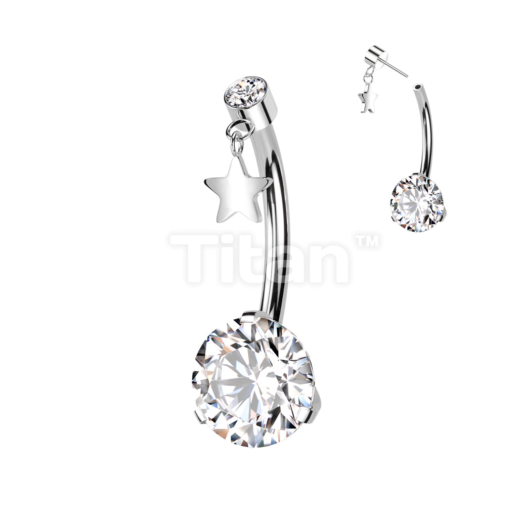 Implant Grade Titanium Threadless Push In Prong Set Bottom With Round Bezel Set CZ and Star Dangle Top Belly Button Ring - Image 2