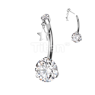 Implant Grade Titanium Threadless Push In Prong Set Bottom With Round Bezel Set CZ and Star Dangle Top Belly Button Ring - Image 2