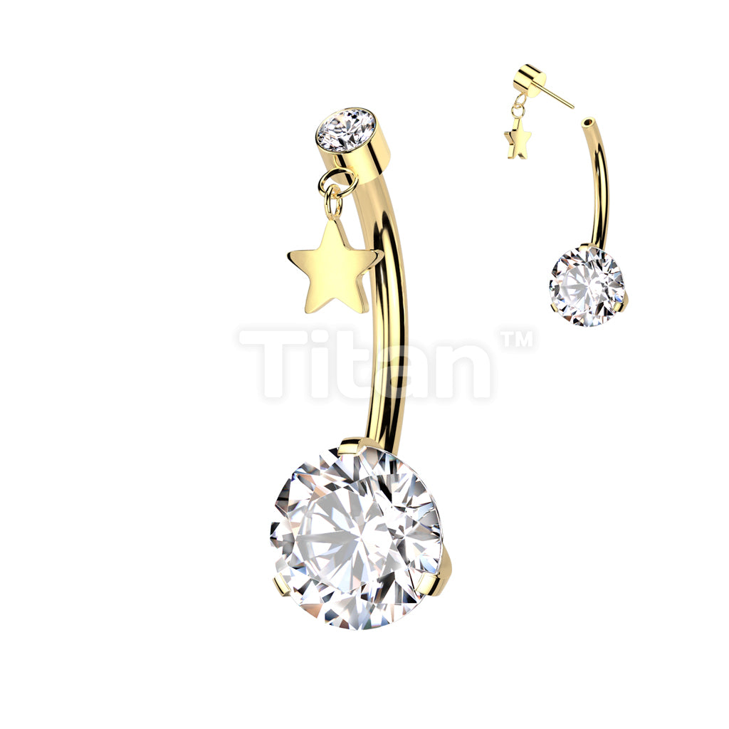 Implant Grade Titanium Threadless Push In Prong Set Bottom With Round Bezel Set CZ and Star Dangle Top Belly Button Ring - Image 3