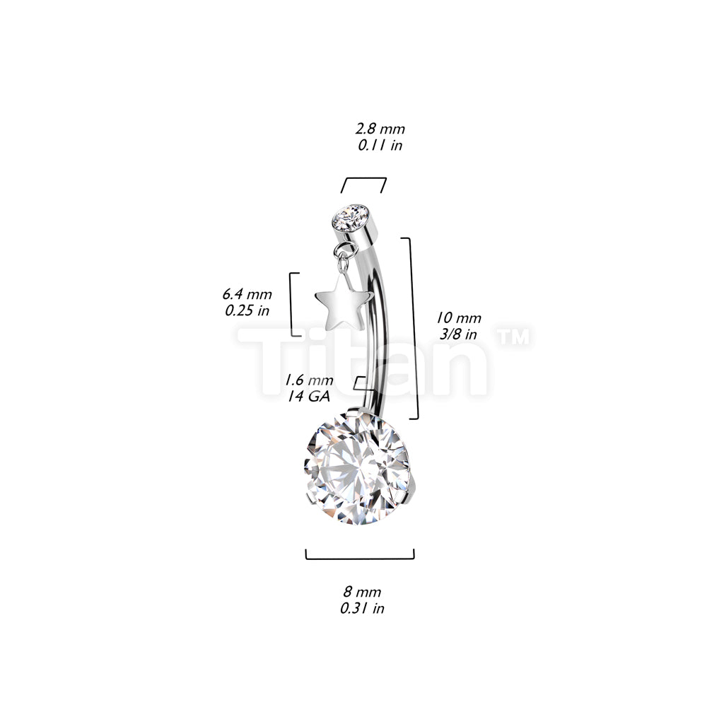 Implant Grade Titanium Threadless Push In Prong Set Bottom With Round Bezel Set CZ and Star Dangle Top Belly Button Ring - Image 4