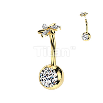 Implant Grade Titanium Threadless Push In CZ Bezel Set Belly Button Ring With Swirl Flower And Marquise CZ Top - Image 2