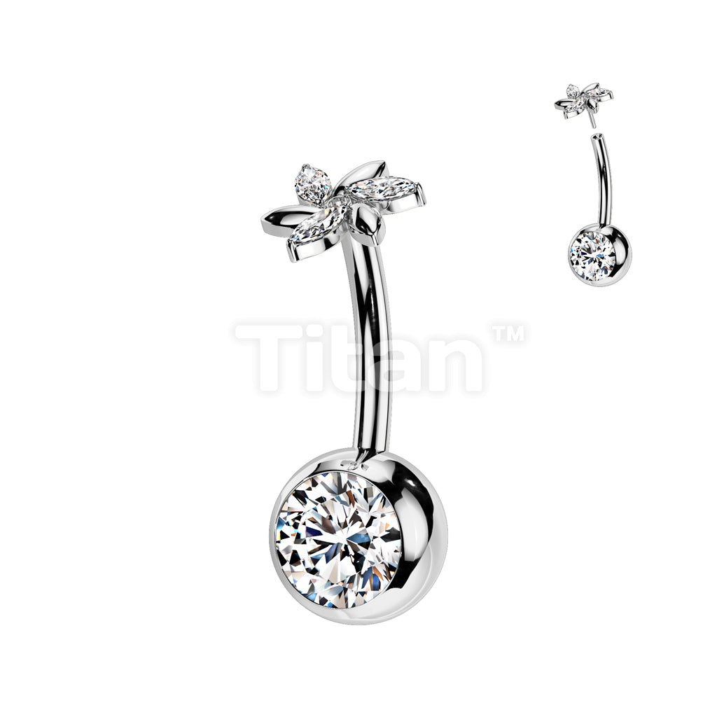 Implant Grade Titanium Threadless Push In CZ Bezel Set Belly Button Ring With Swirl Flower And Marquise CZ Top - Image 3