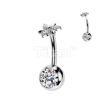 Implant Grade Titanium Threadless Push In CZ Bezel Set Belly Button Ring With Swirl Flower And Marquise CZ Top - Image 3