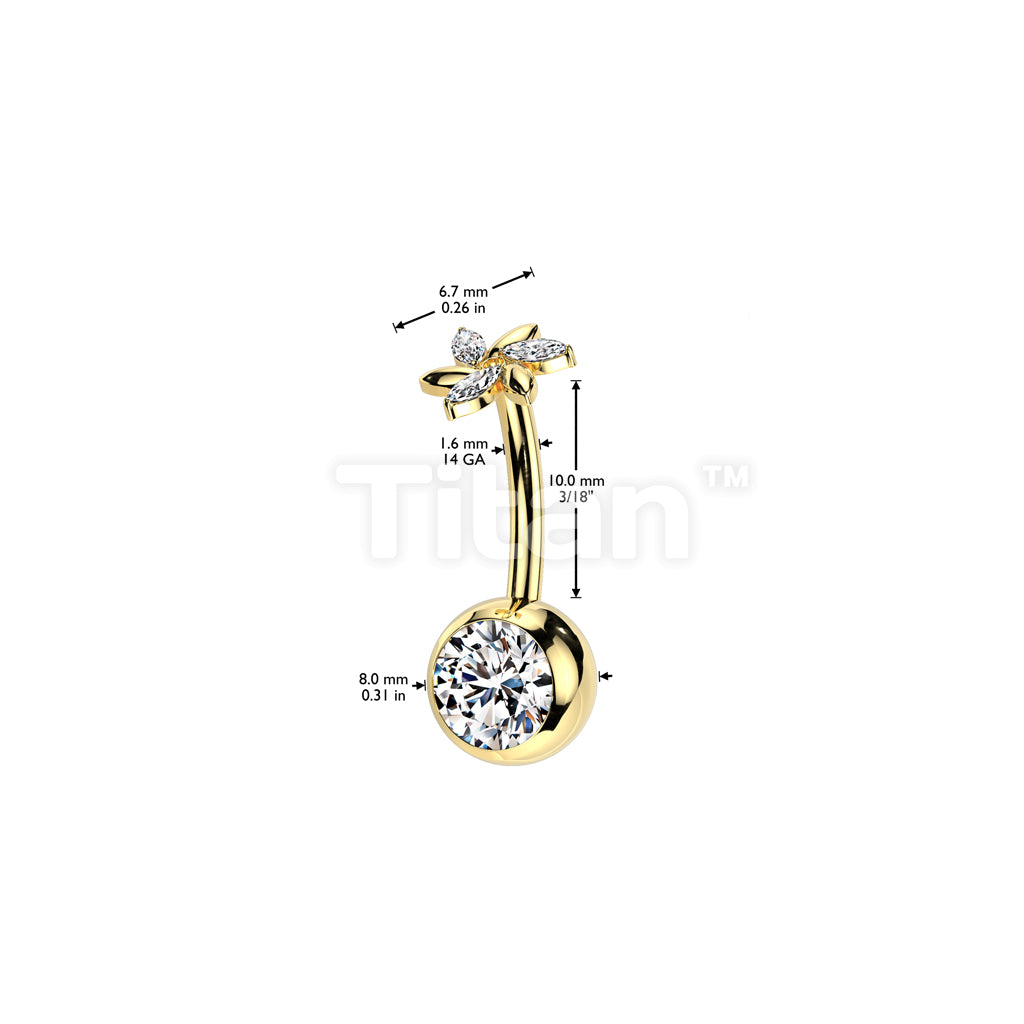 Implant Grade Titanium Threadless Push In CZ Bezel Set Belly Button Ring With Swirl Flower And Marquise CZ Top - Image 4