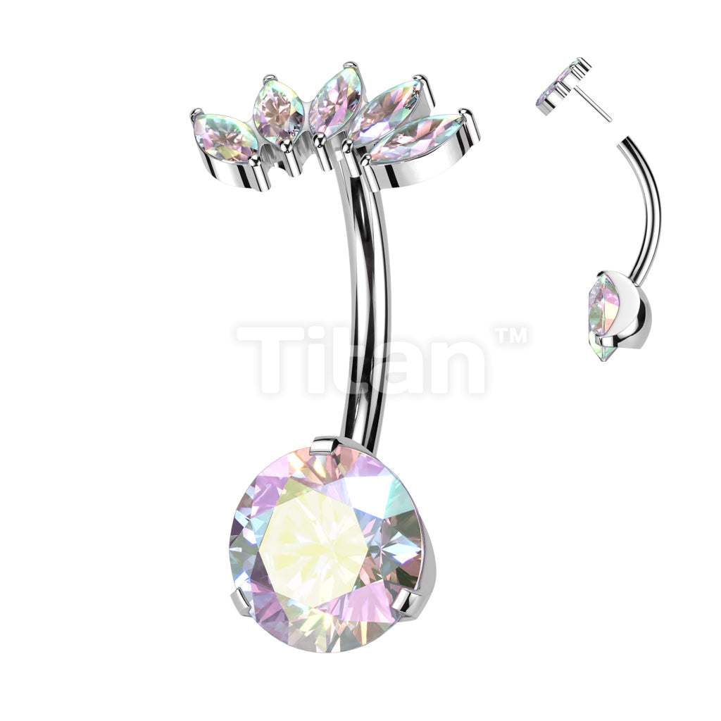 Implant Grade Titanium Threadless Push In Prong Set Bottom With 5 Marquise CZ Fan Top Belly Button Ring - Image 2