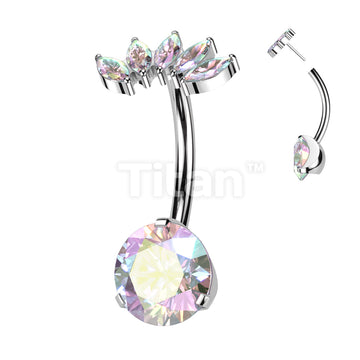 Implant Grade Titanium Threadless Push In Prong Set Bottom With 5 Marquise CZ Fan Top Belly Button Ring - Image 2